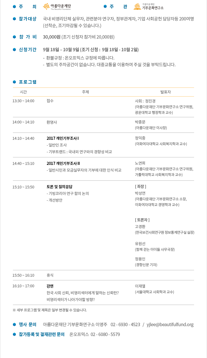 주최:아름다운재단. 주관:기부문화연구소. 참가대상 : 국내 비영리단체 실무자, 관련분야 연구자, 정부관계자, 기업 사회공헌 담당자등 200여명 (선착순, 조기마감될 수 있습니다.). 참가비 : 30,000원 (조기 신청자 참가비 20,000원 / 설문조사 참가자 15,000원 - ※ 설문조사 참가자는 개별메일을 통해 쿠폰이 지급됩니다.). 신청기간 : 9월 27일 – 10월 9일 (조기 신청 : 9월 27일 – 10월 2일). 행사 문의 : 아름다운재단 기부문화연구소 이영주 02-6930-4523 yjlee@beautifulfund.org. 참가등록 및 결재관련 문의 온오프믹스 02-6080-5579