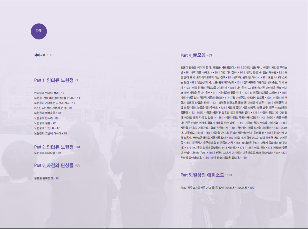 눈이 부시게, 20년 여성운동 내 청춘 슬픔을 밝히다 차례 <노현정 제공> 