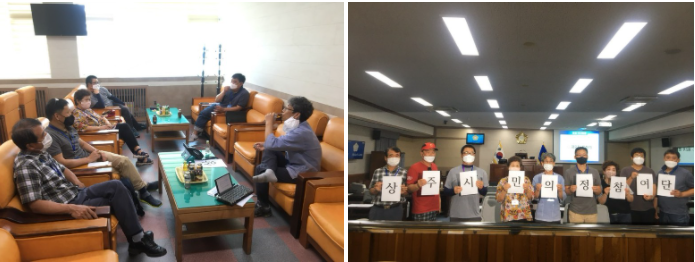 상주시민의정참여단이 상주시의회 방청을 하고 모여 앉아 이야기 하고 있다.