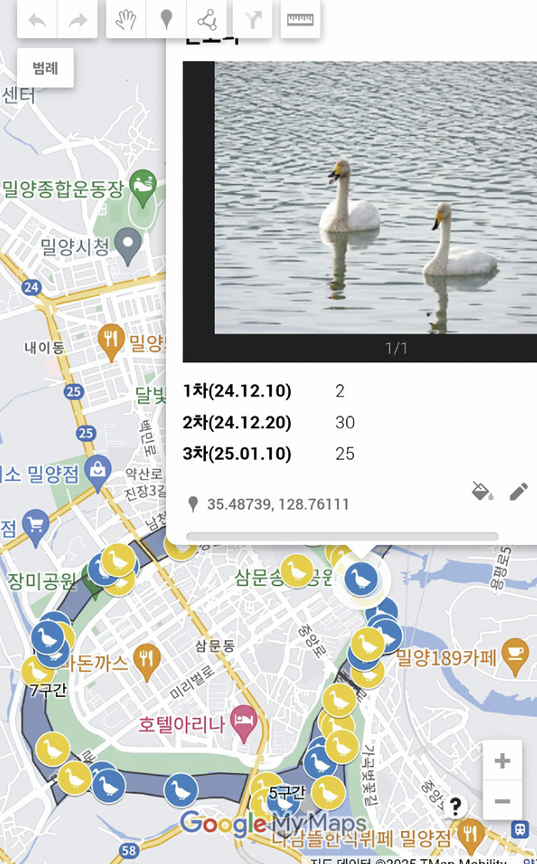 블루닷 지도사례_밀양강 오리류 분포도 
