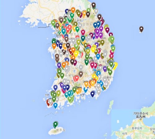 국공유지를 포기한 공공기관을 찾아 지도에 표시한 이미지. 전국적으로 빽빽하다.